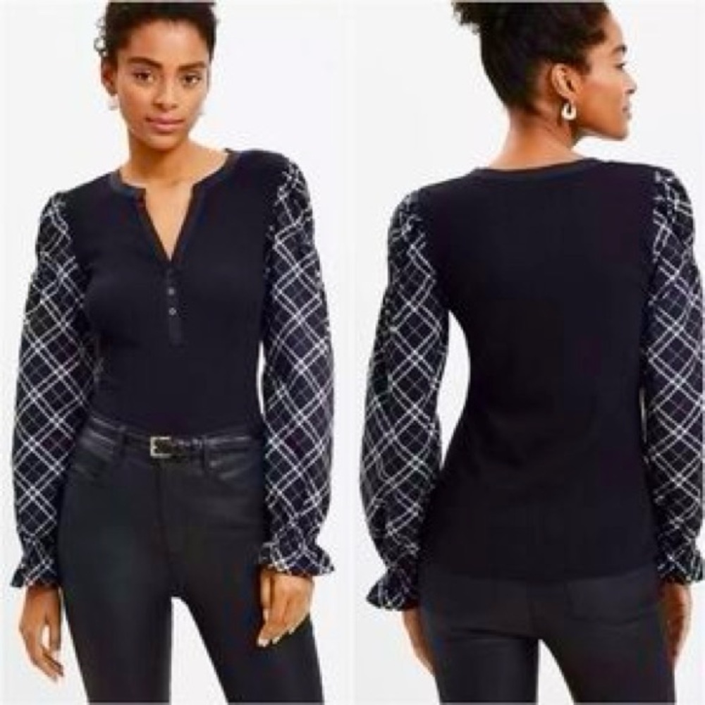 LOFT Black Blouse with White plaid puffy elastic statement Sleeves, size small